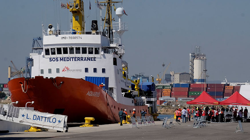 The Aquarius rescue ship at the port of Valencia.