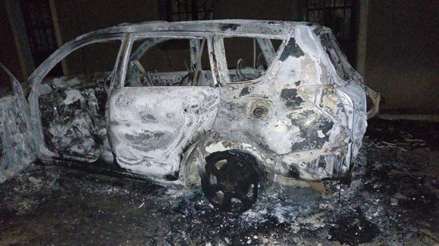 A car that belongs to the Executive Secretary of Nyabihu was burned by the attackers. (Courtesy)