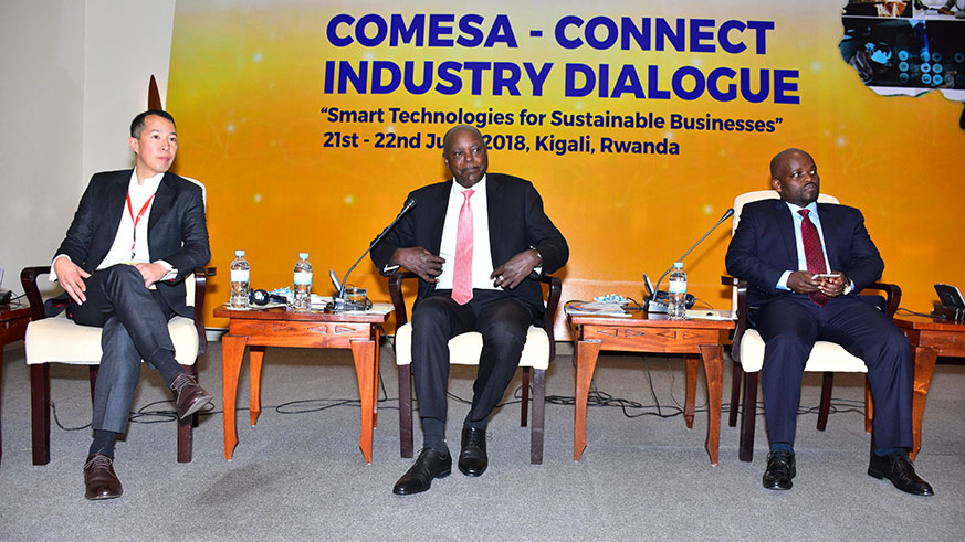 (L-R) Mike Yeh from MICROSOFT, Steven Mutabazi from RDB and Smart Africa Advisor Jean Philbert nsengimana during a panel discussion. Courtesy