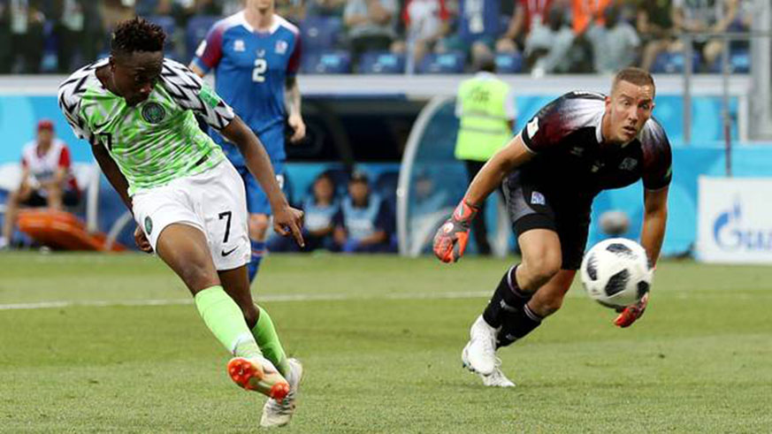 Ahmed Musa scores his second goal as Nigeria beats Iceland 2-0 in their 2018 FIFA World Cup Group D match at Volgograd Arena on June 22 in Volgograd, Russia.