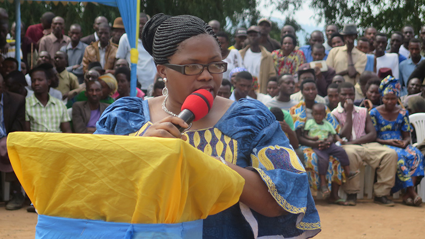 Minister for Disaster Management and Refugee Affairs Jeanne du2019Arc de Bonheur speaks during the celebration of World Refugee Day at Nyabiheke Refugee Camp on Wednesday. The minister insists family planning and reproductive health education among the refugee community is a longlasting solution to early pregnancies emerging in the camp. Eddie Nsabimana.