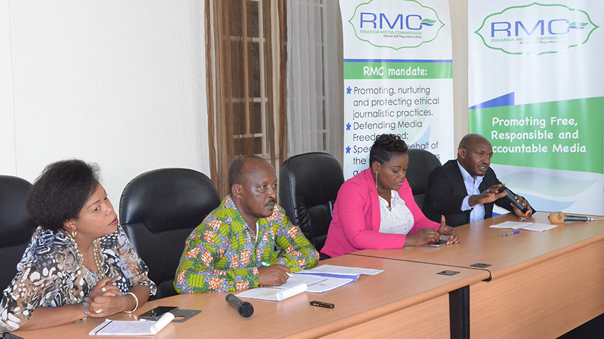 L-R: Peace Hilary Tumwesigire, CEO of Family Magazine; Anselme Majoro, the president of National Women Council; Ru00e9gine Akarikumutima, the Executive Secretary of Women in Media Platform; and Emmanuel Mugisha, the Executive Secretary of Rwanda Media Commission, during a panel discussion about the low numbers of females in the media industry. Courtesy.