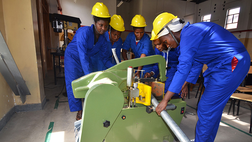 Musanze Polytechnic students do some exercise in a mechanical workshop. The government wants to enlist diaspora to help boost TVET in Rwanda. Sam Ngendahimana.