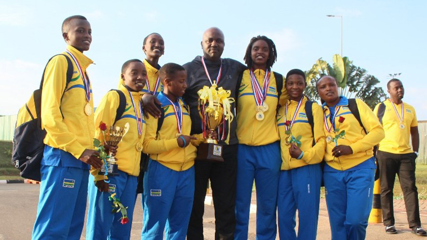 Rwanda Basketball Federation (Ferwaba) president, Desire Mugwiza, was at the airport to welcome the boys and girls after heroic performances in Tanzania. Courtsey.