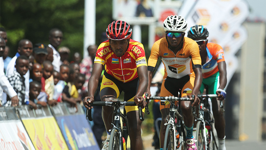 Former Team Rwanda Captain Janvier , Les Amis Sportifs' Ephrem Tuyishimire and Hakuzimana Camera in a breakaway that helped Benediction Club to win the race
