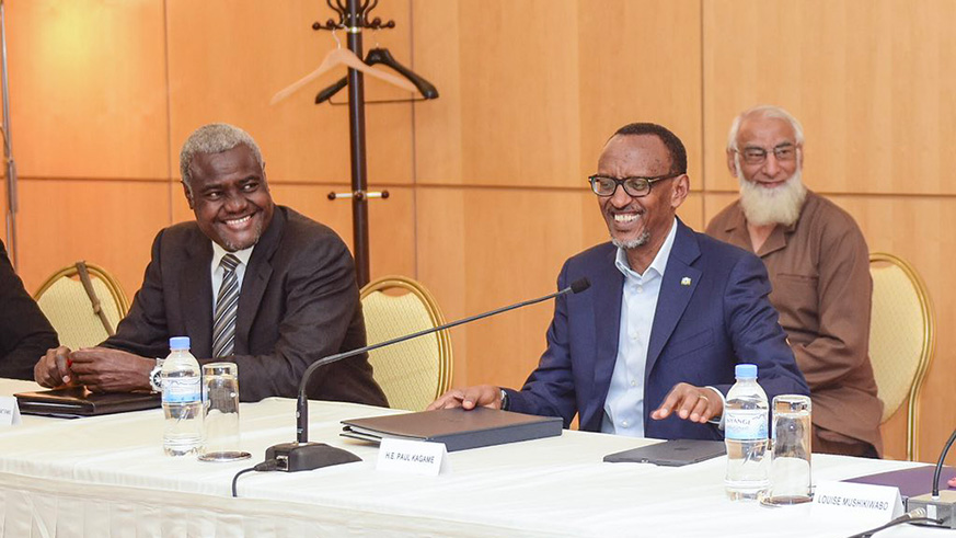 President Kagame and the Chairperson of the African Union Commission, Moussa Faki Mahamat (left) during the meeting Monday morning. (Courtesy)
