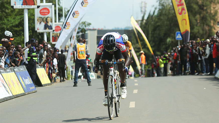 Rwanda Cycling 2017 Champion Veteran Gasore Hategeka during the sprint to cross the finish line,He won the third position