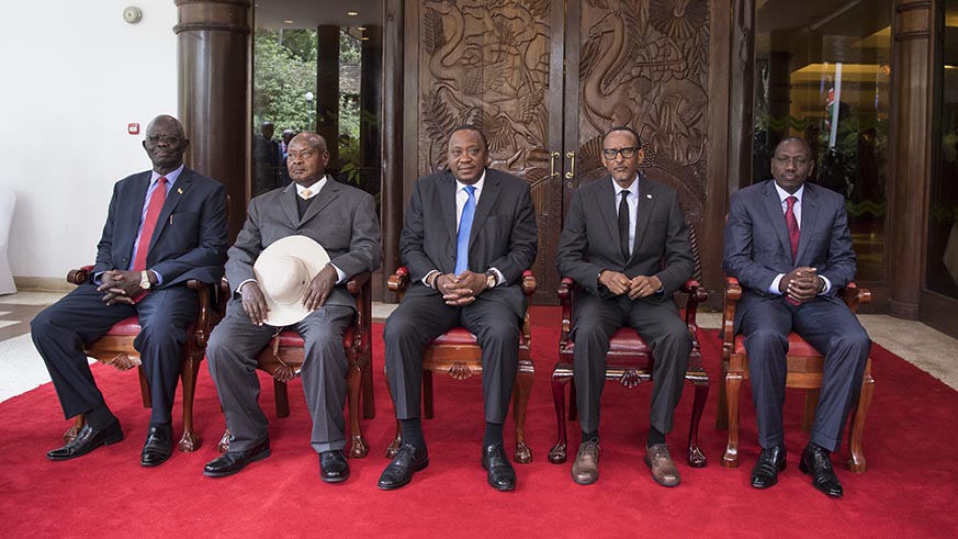 President Paul Kagame with his counterparts Yoweri Museveni of Uganda (2nd left) and host Uhuru Kenyatta of Kenya (centre) during the Northern Corridor summit in Nairobi yesterday. On the extreme left is Aggrey Tisa Sabuni, the Special Envoy for the South Sudanese President while extreme right is Kenyan Deputy President William Ruto. Village Urugwiro.