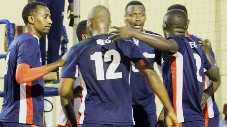 Rwanda Energy Group volleyball players in a time-out during Game 1 of this year's Play-off Games finals earlier this month at Gisagara Gymnasium. (File photo)