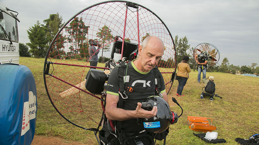 Sebastian Houben after making a landing at Huye Aerodrome. A member of Rwanda Flying Club, he made the first paramotoring expedition in Rwanda. Courtesy.