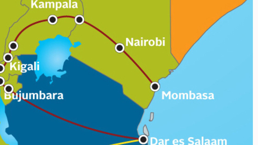 The northern corridor ends in Mombasa, Kenya, while the Southern corridor uses Dar Es Salaan, Tanzania.