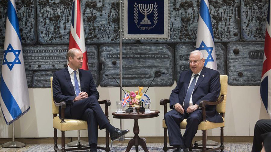 Britain's Prince William (L) meets with Israeli President Reuven Rivlin at the President's Residence in Jerusalem, on June 26, 2018. (Xinhua/JINI)