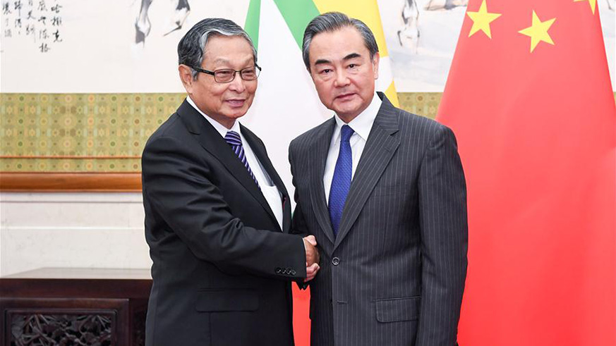 Chinese State Councilor and Foreign Minister Wang Yi meets with U Kyaw Tint Swe, Myanmar's minister of the office of the State Counselor, in Beijing, capital of China, June 28, 2018. (Xinhua/Shen Hong)
