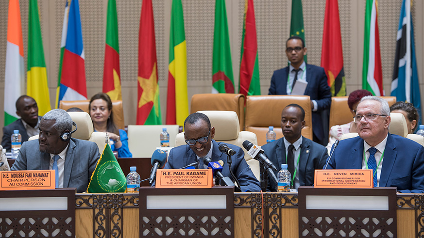 President Kagame speaks during the u201cWomen in Poweru201d high-level meeting in Mauritania yesterday. The meeting was held on the sidelines of the 33rd ordinary session of the Executive Council of the African Union (AU). On the right is Neven Mimica, the EU Commissioner for International Cooperation and Development. On the left is Moussa Faki Mahamat, the AU Commission Chairperson. Village Urugwiro.
