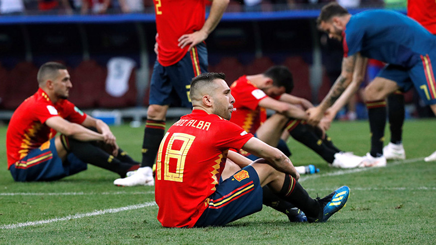 Spain players look dejected after they were eliminated from the World Cup in Russia. (Sputnik)