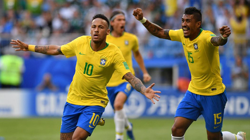 The Brazilians celebrate their Neymar-inspired victory. Net photo
