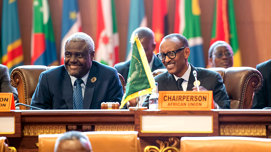 President Kagame with Moussa Faki, the Chairperson of the African Union Commission, during the closing ceremony of the 31st Ordinary Session of the Assembly of Heads of State and Government of the African Union yesterday. Village Urugwiro.