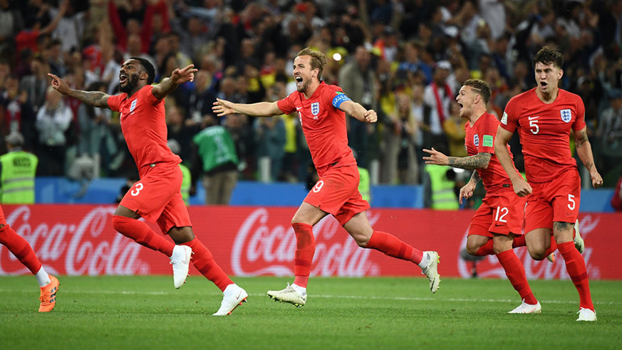 England players celebrate after beating Colombia 4-3 on penalties following a 1-all draw. Net photo.