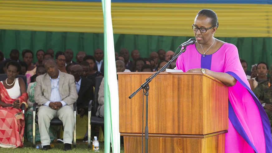 Her Excellency First Lady Jeannette Kagame  delivering closing remarks during the inauguration of Impinganzima hostel, in Bugesera.