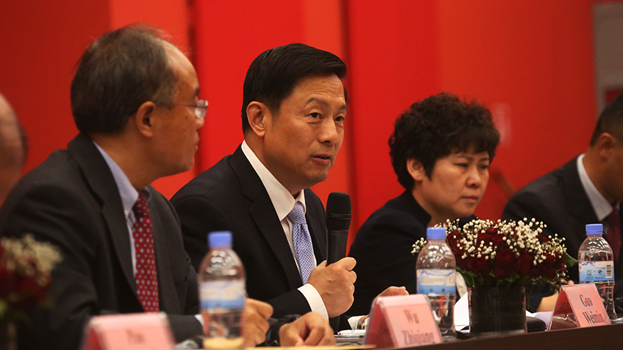 Guo Weimin the Vice Minister of China state Council of Information Office speaks as other officials look on during the dialogue in Kigali yesterday. Sam Ngendahimana. 