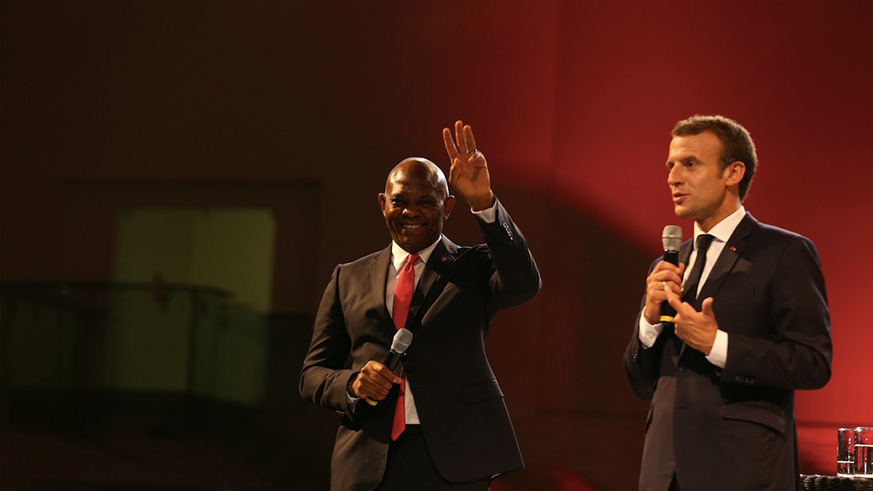 French President Emmanuel Macron met over 2,000 African entrepreneurs at the invitation of Nigerian philanthropist and businessman, Tony Elumelu (left) in Lagos, Nigeria on Wednesday. Net. 