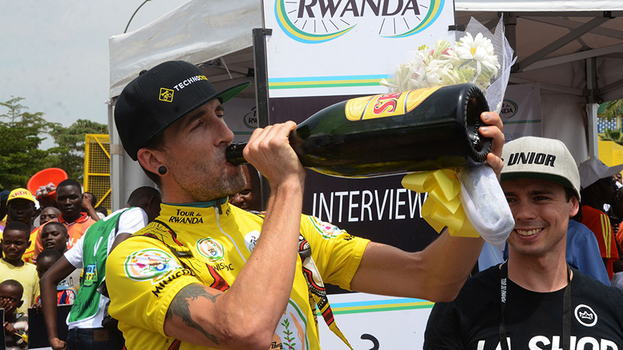 Timothy Rugg returns to Tour du Rwanda for a second time following his debut at the 2016 edition. He is captured here celebrating after claiming the 8th Tour du Rwandau2019s opening prologue to go into Stage 1 as yellow jersey holder. Sam Ngendahimana.