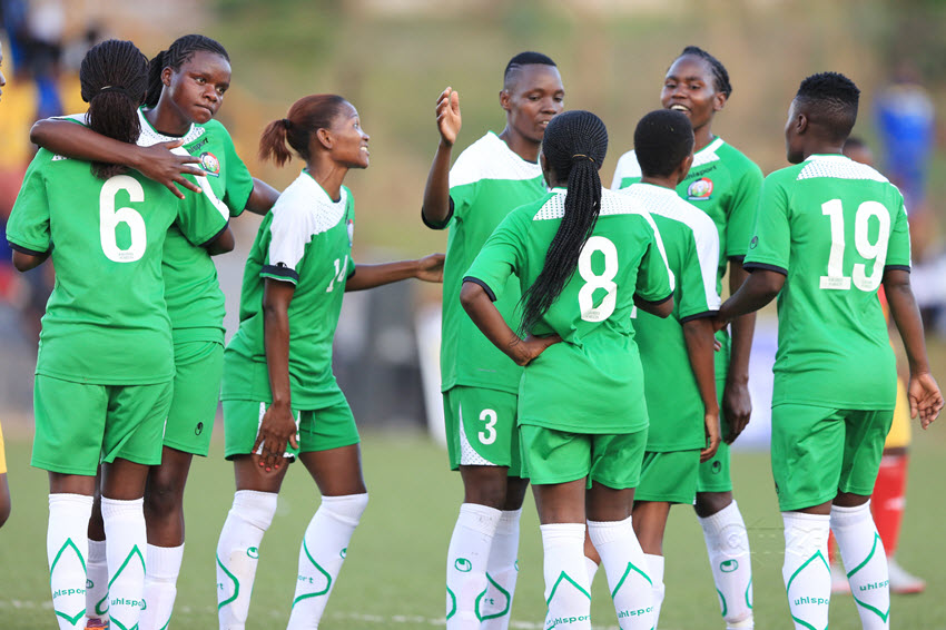 Kenya national team players celebrate after scoring a goal in a past match. Net photo
