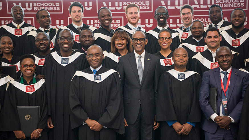 President Kagame with graduates of the African Leadership University (ALU) School of Business. The ALU 2018 class graduated 38 students with Masters in Business and Admisration (MBA) yesterday. Village Urugwiro.