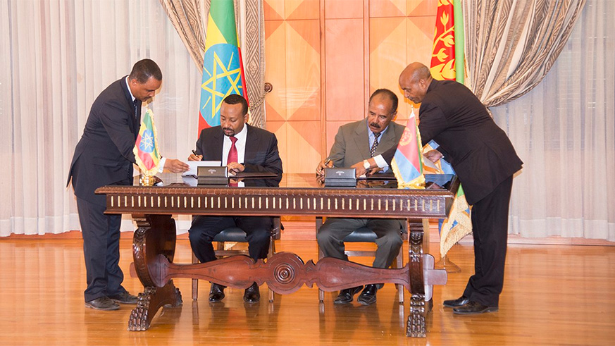 Eritrea and Ethiopia have signed a joint declaration of peace and friendship today. The agreement, which specifies five pillars, was signed this morning at State House by President Isaias Afwerki and Prime Minister Abiy Ahmed. / Courtesy