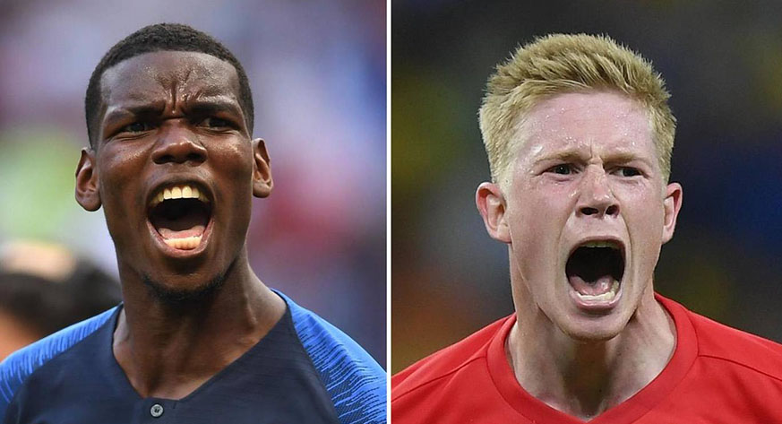 Franceu2019s Paul Pogba (left) and Kevin De Bruyne (right) of Belgium are expected to play integral roles for their sides today. France and Belgium have not faced each other in World Cup since 1986 in Mexico. Net photo.