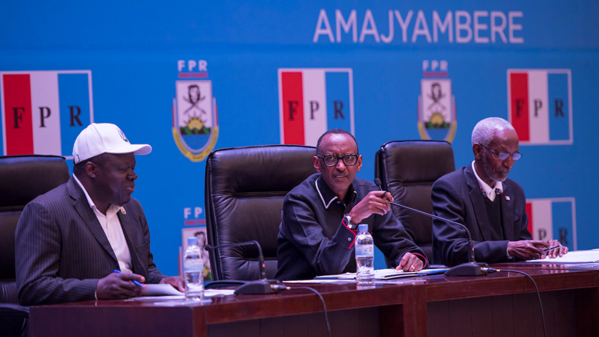 RPF Chairman President Paul Kagame chairs the Political Bureau meeting at the Intare Conference Arena in Rusororo yesterday. Sitting next to him is party Vice Chairman Christophe Bazivamo (R) and Secretary General Franu00e7ois Ngarambe. Village Urugwiro.