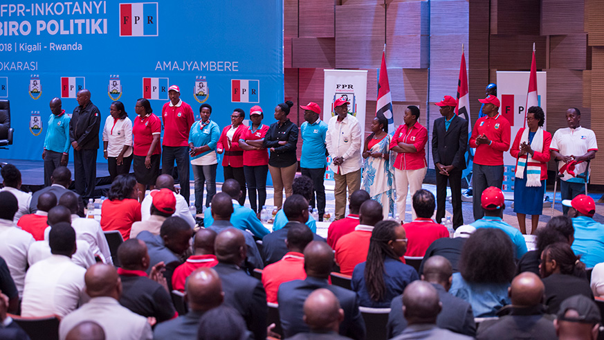 Some of the RPF candidates in the upcoming parliamentary elections being presented to members of the political bureau for approval yesterday. Village Urugwiro. 