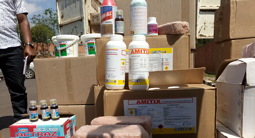 Some of the confiscated drugs including licking mineral blocks, amitix for tick control among others, Monday, July 9, 2018 (Emmanuel Ntirenganya)