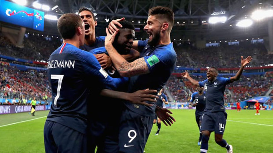 Samuel Umtiti celebrates with his teammates after scoring the winner for France in their World Cup semi-final against Belgium in St Petersburg. Net photo