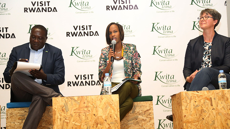 Chief Tourism Officer at Rwanda Development Board, Belise Kariza addressing the news conference Wednesday as Jean-Marie Gatabazi, the Governor Northern Province (L) and Anna Behm Masozera, the Director of International Gorilla Conservation Programme look on. The news conference aimed at updating the media on preparations for the upcoming Kwita Izina slated for September 7. / Sam Ngendahimana
