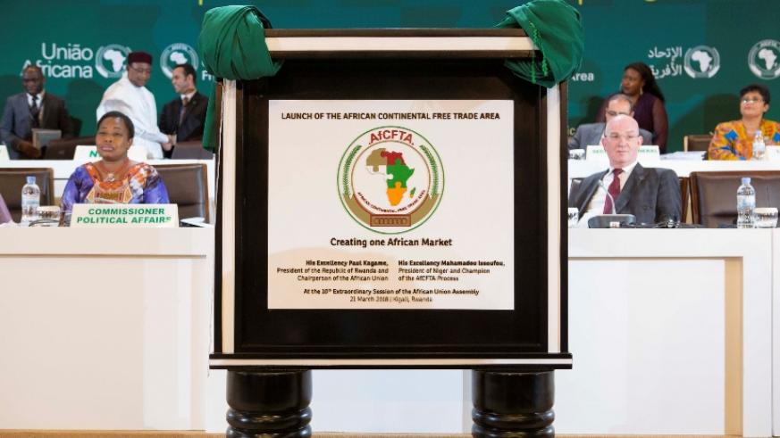 The plaque that was unveiled signifying the launch of the African Continental Free Trade Area at the AU summit in Kigali in March . (File)