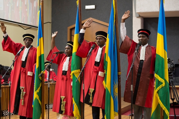 Judges Alphonse Ngagi (L) and Aimu00e9 Muyoboke take oath as Justices at the Supreme Court in 2015. Both of them have been named to the Appeals Chamber which will be presided over by Muyoboke. / Courtesy