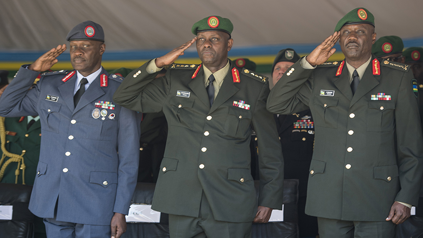 RDF Service Chiefs; (L-R) Maj Gen. Charles Karamba of Airforce, Lt. Gen. Jacques Musemakweli, the Chief of Staff, Land Forces and Gen. Fred Ibingira of Reserve Forces at the passout in Gako.