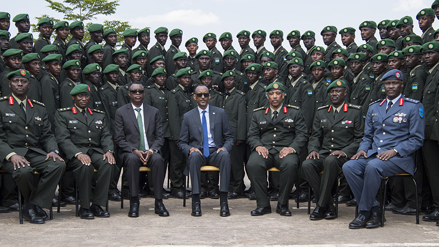 President Kagame poses for a group photo with the Officer Cadets following their commissioning at Rwanda Military Academy in Gako on Friday. With him are Defence Minister James Kabarebe, the Chief of Defence Staff Gen. Patrick Nyamvumba, Service Chiefs of the RDF and the Commandant of the Academy. Village Urugwiro.