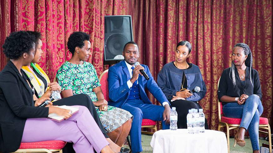 L-R: Vanessa Rukundo, Diana Mpyisi, Carmen Nibigira, Kenneth Agutamba, Makeda Mahadeo and Gloria Kaligirwa during a panel discussion on how to balance work and life. Courtesy.