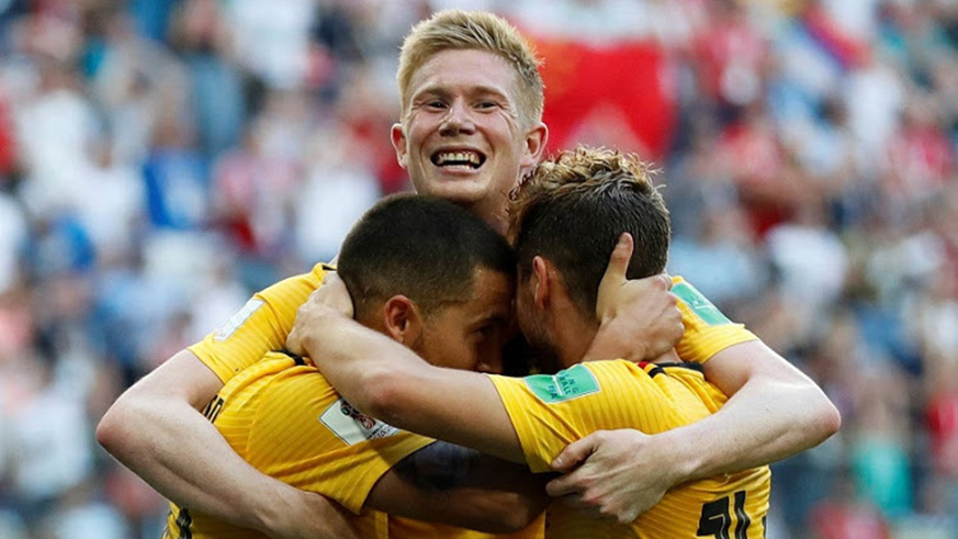 Belgium players celebrate after Eden Hazard made it 2-0 for Roberto Martinezu2019s Red Devils. Net photo