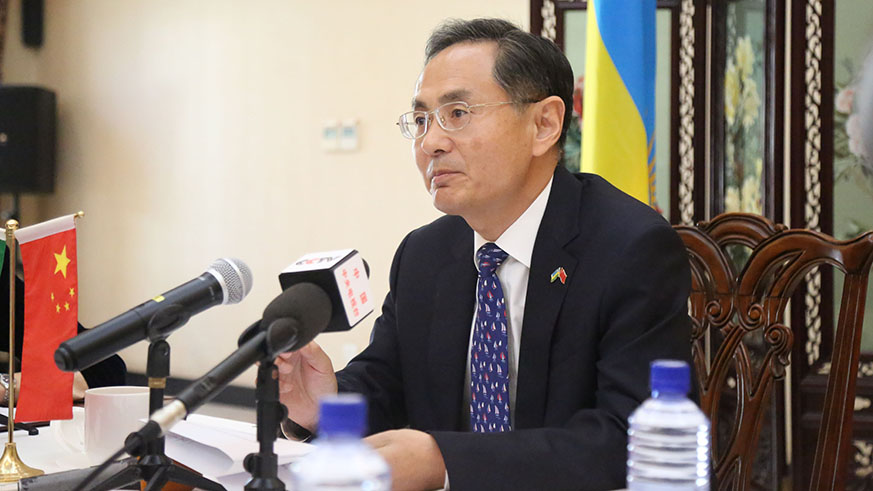 The Chinese ambassador to Rwanda, Rao Hongwei, addresses the media in Kigali yesterday. Sam Ngendahimana.