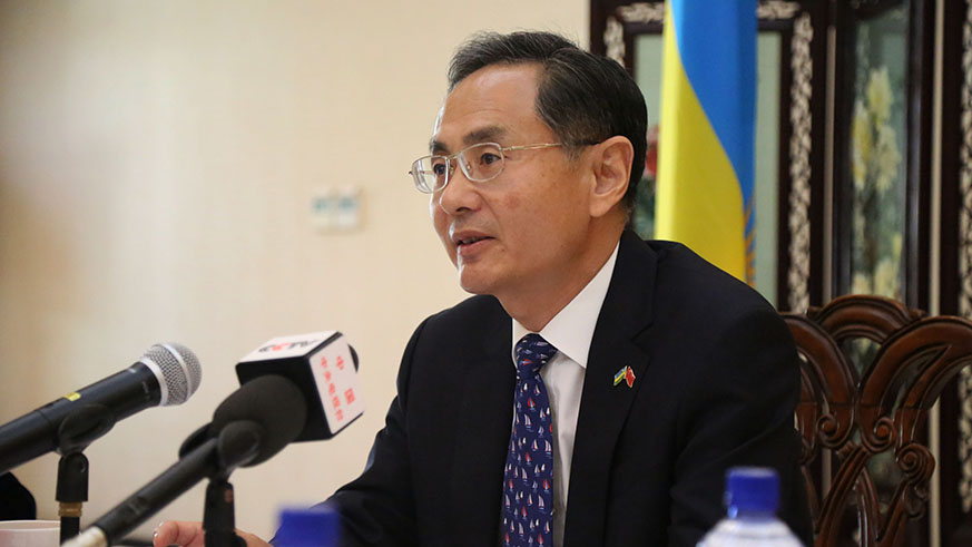 The Chinese ambassador to Rwanda, Rao Hongwei speaks to journalists during a News briefing yesterday