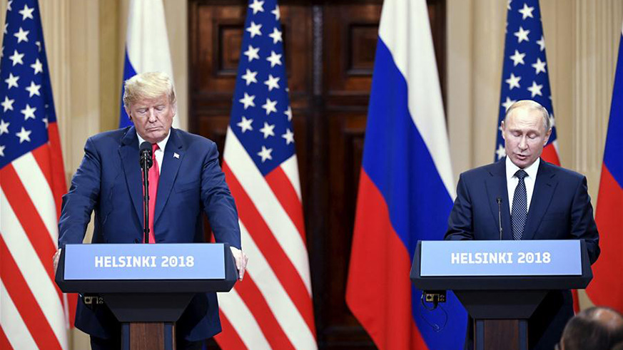 U.S. President Donald Trump (L) and Russian President Vladimir Putin attend a joint press conference in Helsinki, Finland, on July 16, 2018. Donald Trump and Vladimir Putin started their first bilateral meeting here on Monday. (Xinhua/Lehtikuva/Jussi Nukari)