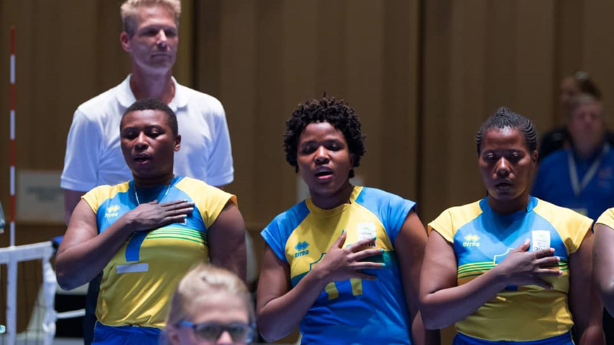 Rwandan players sing the national anthem before their effortless victory over Croatia on Tuesday. Courtesy