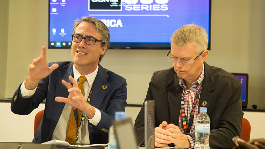 Jean Franu00e7ois Le Bihan (left), public policy director Sub-Saharan Africa at GSMA, speaks during a news conference as Boris Wojtan, senior director of privacy at GSMA, looks on, in Kigali yesterday. Telecoms plan to invest some $8 billion in data protection projects annually. Nadege Imbabazi.
