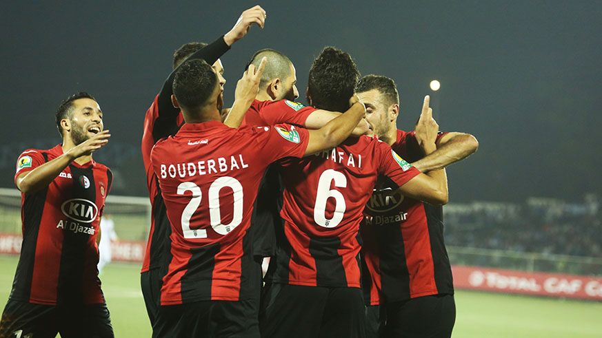 USM Alger players celebrate the first goal during a 2-1 match against Rayon Sports at Kigali Stadium yseterday .Sam Ngendahimana)