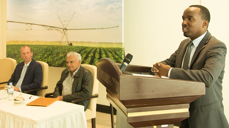 RAB Director General, Dr Patrick Karangwa, speaks during the partnership signing ceremony between One Acre Fund, Western Seed Company and Agro-Processing Industries. Nadege Imbabazi.