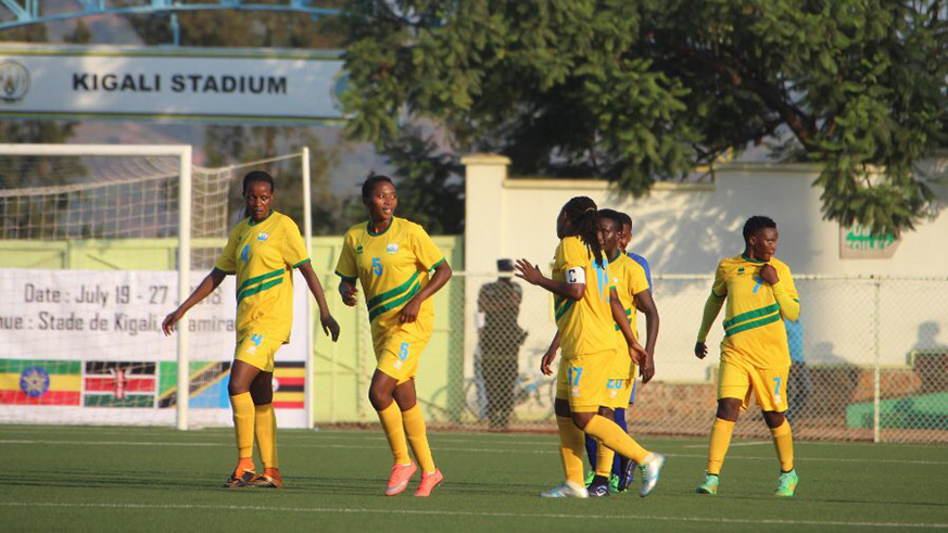 She-Amavubi skipper Sifa Niragire with her teammates during the 1-0 victory over Tanzania on Thursday at Kigali Stadium. Courtesy.