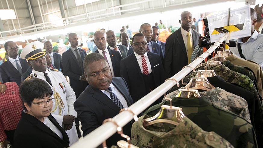Mozambican President Filipe Nyusi at the C&H Garments Rwanda Ltd in Kigali on Thursday.